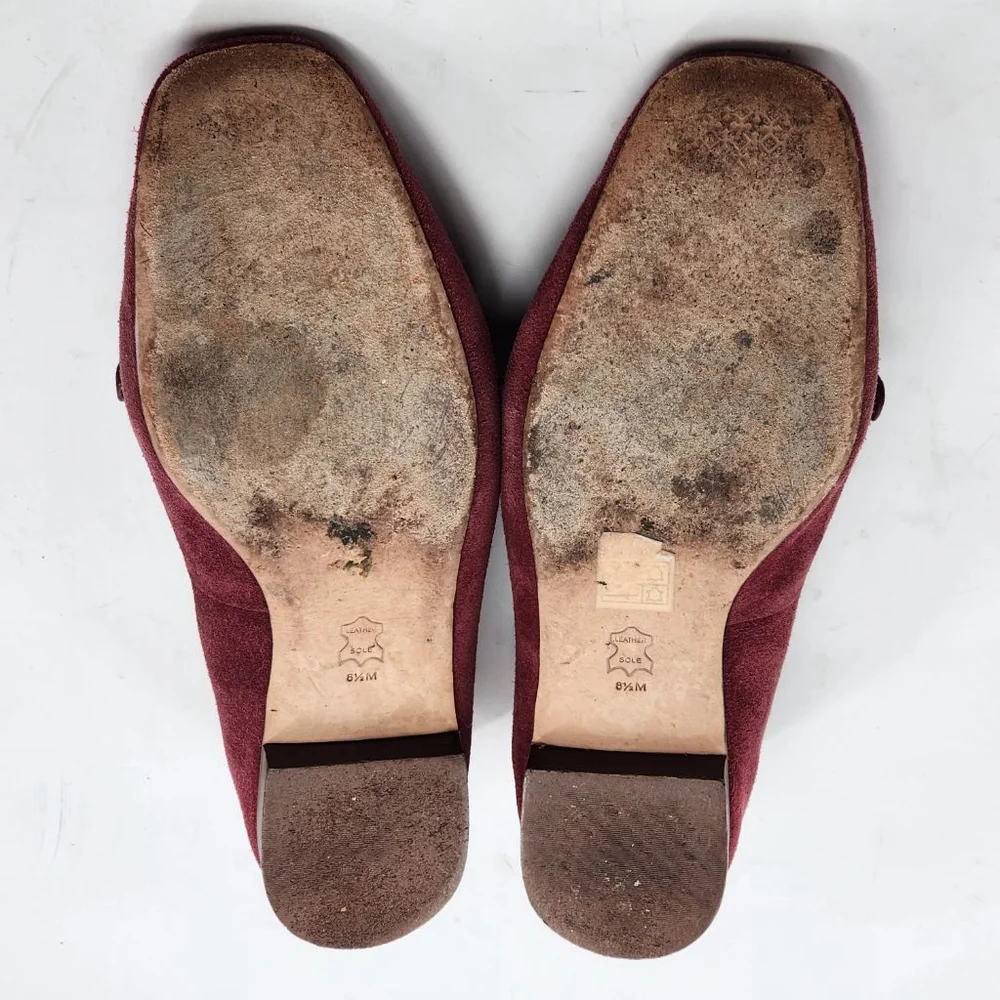 TORY‎ BURCH Miller Square Toe Burgundy Suede Loafers with Gold Logo - Size 8.5
